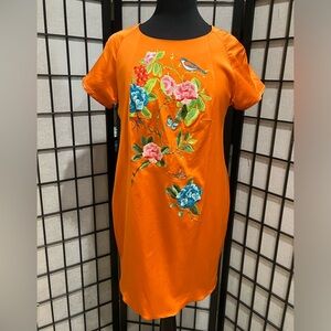 Orange W.S.F.M.FLORAL AND BIRD EMBROIDERED A-LINE SHORT SLEEVE DRESS SIZE M